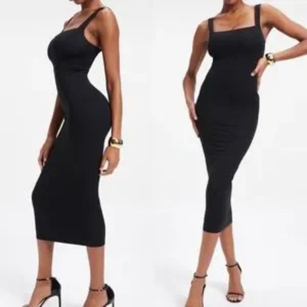 NWT Good American 90's Tank Dress, Black Knit Bodycon Straps | Sz S